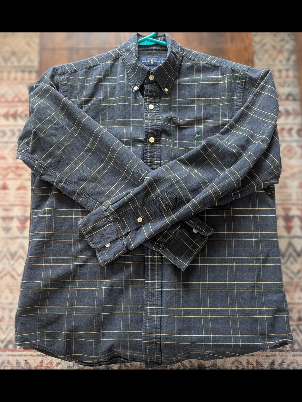 Ralph Lauren Navy Plaid Button-Down Shirt with Yellow Trim